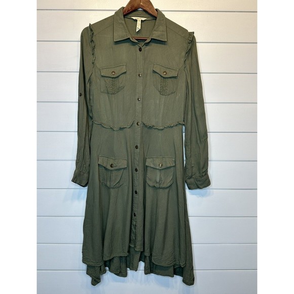 Matilda Jane Adult Dress Medium Mom Green Tree Canopy Utility Military Ruffles - Picture 3 of 10